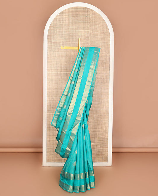 Blue striped & zari buttas Vasundhara silk mix saree, traditional rettai pettu zari border & spade-shaped buttas pallu