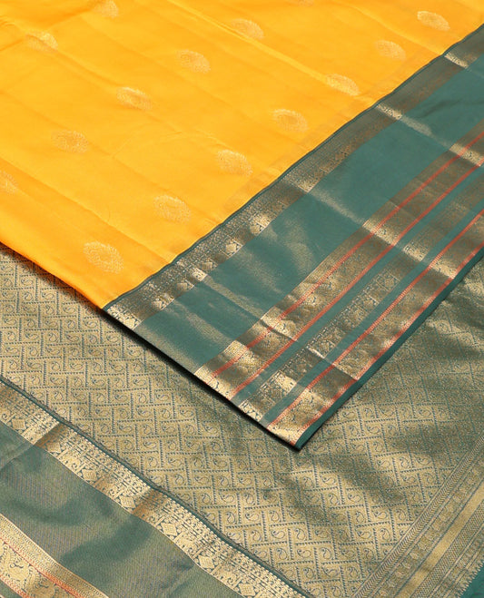 Yellow zari buttas silk saree, contrast rettai pettu zari border of yaanai,mayil & diamond pattern & jaal pallu
