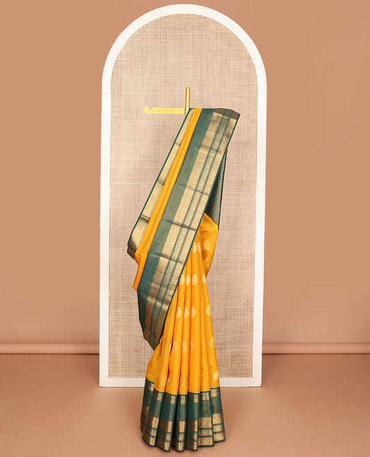 Yellow zari buttas silk saree, contrast rettai pettu zari border of yaanai,mayil & diamond pattern & jaal pallu