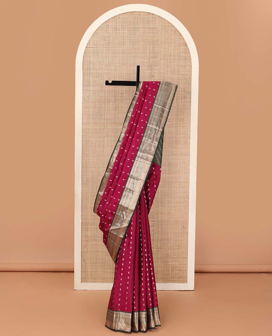 Maroon zari buttas Vasundhara silk mix saree, contrast traditional design border, and kodi visiry pallu