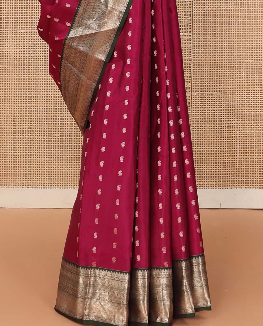 Maroon zari buttas Vasundhara silk mix saree, contrast traditional design border, and kodi visiry pallu