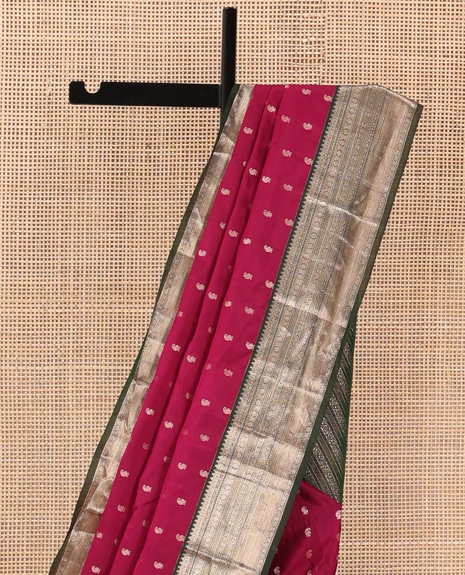 Maroon zari buttas Vasundhara silk mix saree, contrast traditional design border, and kodi visiry pallu