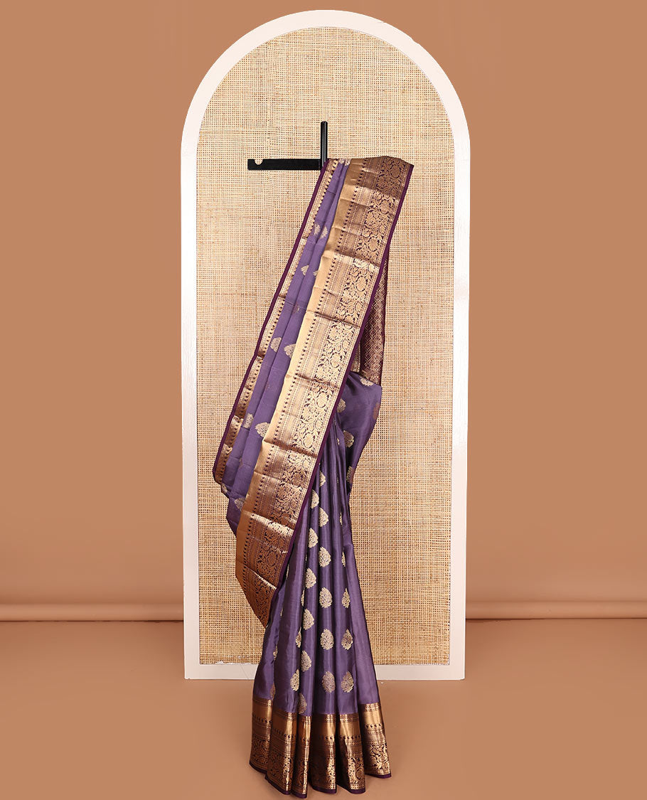 Violet Vasundhara Lite Silk Mix Saree Elegantly Framed with Floral Zari Buttas, Adorned with a Contrast Border Featuring Kamalam, Paisa, Manga, Then Kuli Kann, and Kodi Visiry Designs, Pallu Elevated with Intricate Designs, and a Contrast Blouse