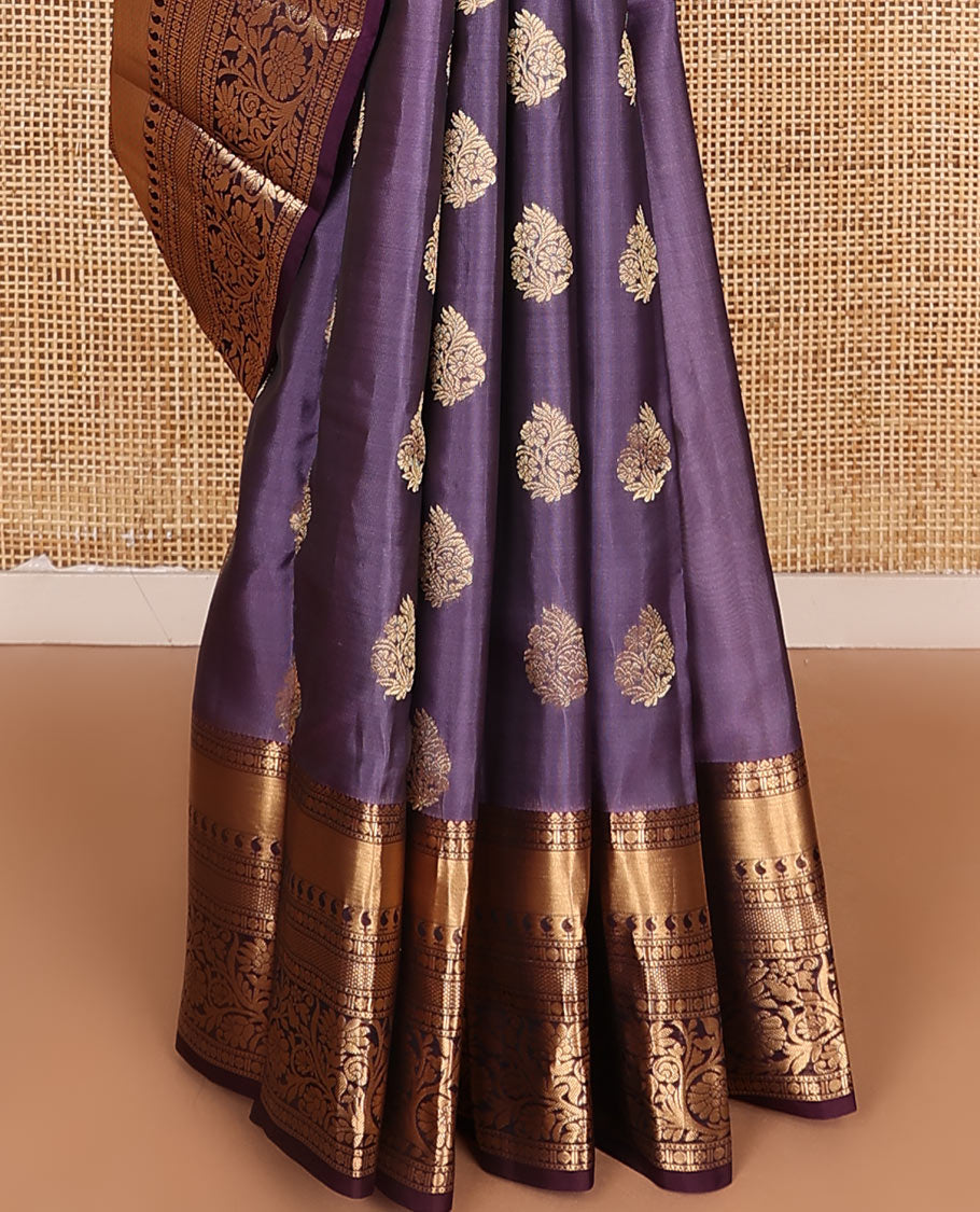 Violet Vasundhara Lite Silk Mix Saree Elegantly Framed with Floral Zari Buttas, Adorned with a Contrast Border Featuring Kamalam, Paisa, Manga, Then Kuli Kann, and Kodi Visiry Designs, Pallu Elevated with Intricate Designs, and a Contrast Blouse