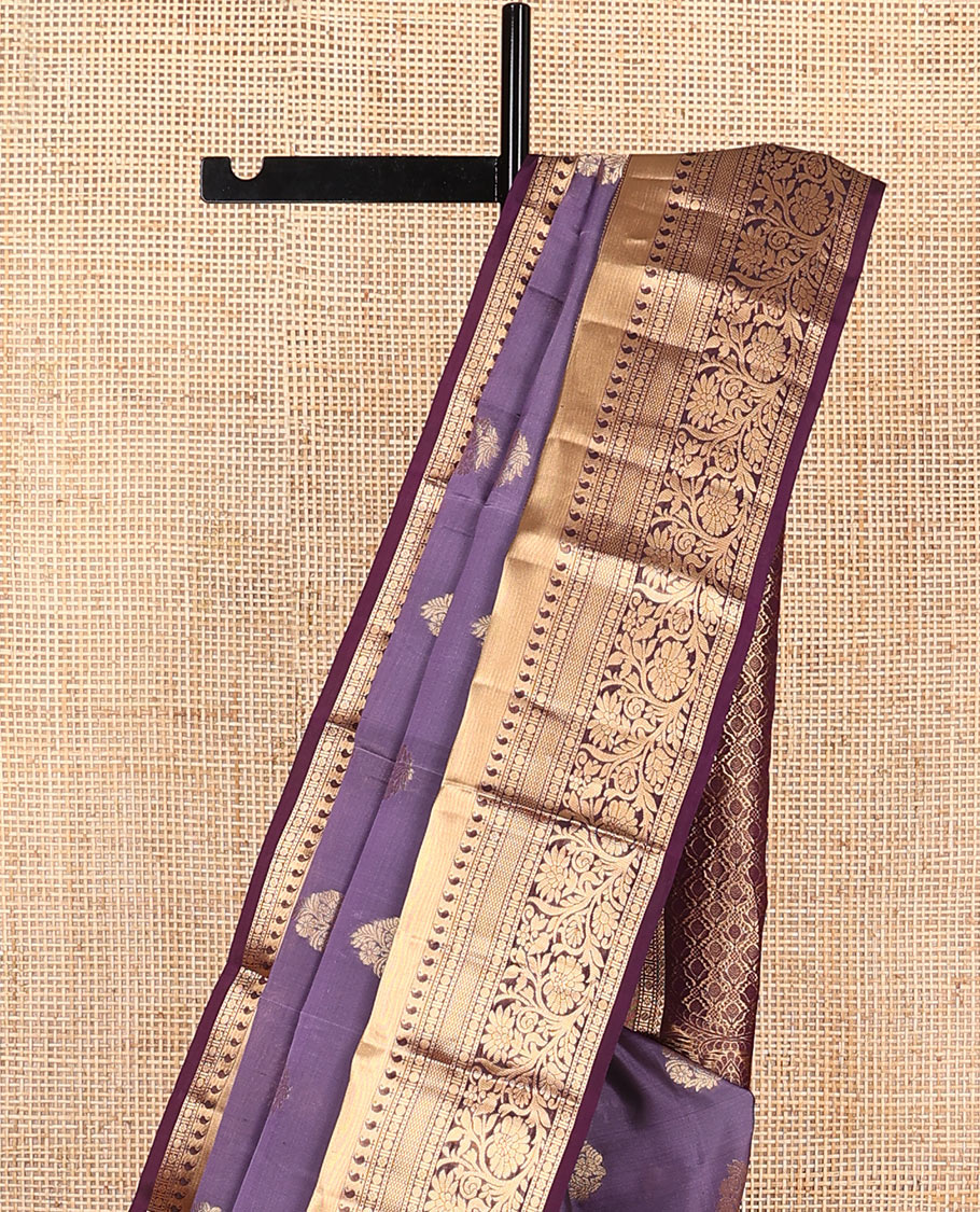 Violet Vasundhara Lite Silk Mix Saree Elegantly Framed with Floral Zari Buttas, Adorned with a Contrast Border Featuring Kamalam, Paisa, Manga, Then Kuli Kann, and Kodi Visiry Designs, Pallu Elevated with Intricate Designs, and a Contrast Blouse