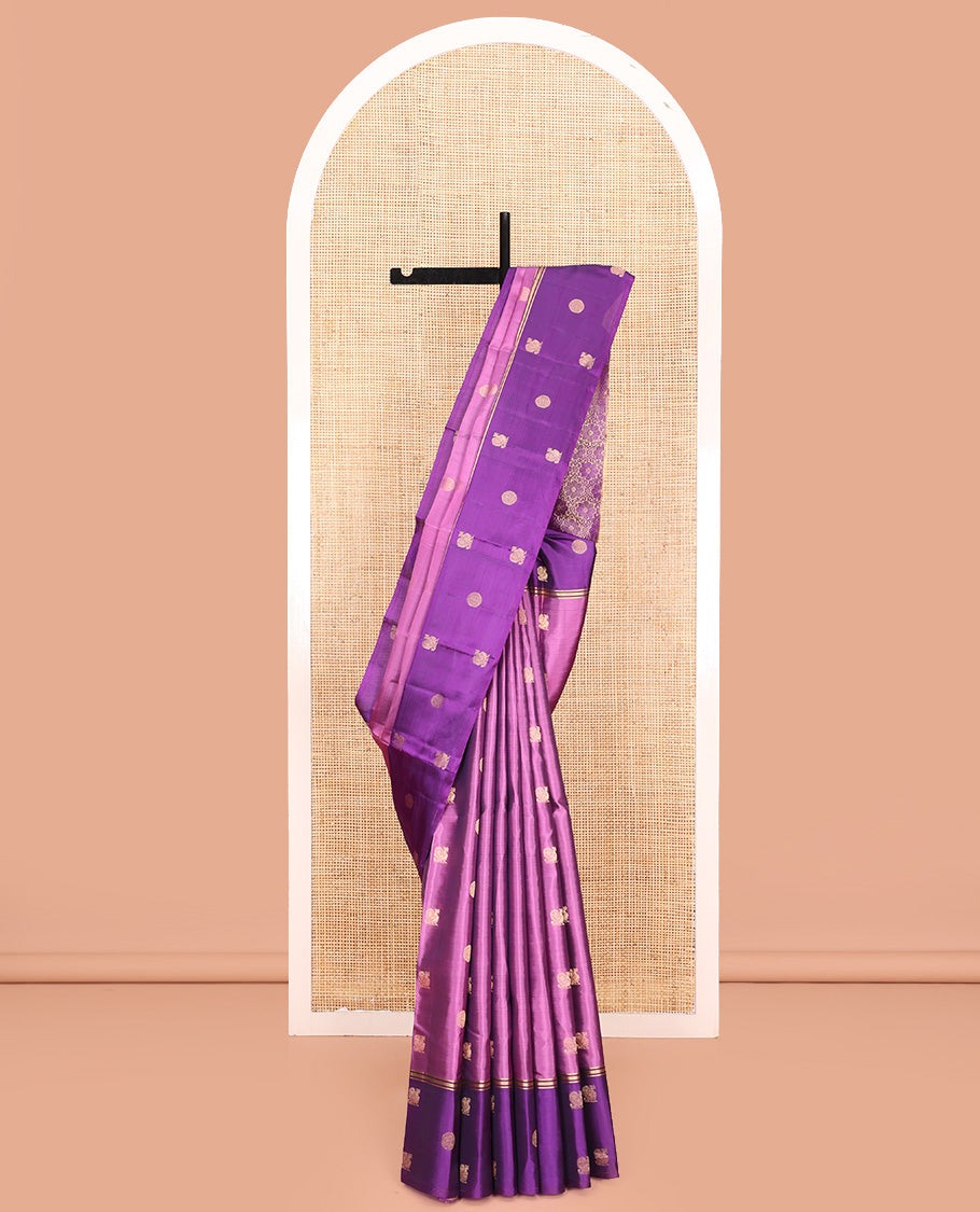 Purple Vasundhara Lite Silk Mix Saree, Elegantly Designed with Mayil and Chakram Buttas On Its Body, Complemented by Contrast Border of Mayil and Chakram Designs, Floral Design Pallu and Paired with a Contrast Blouse