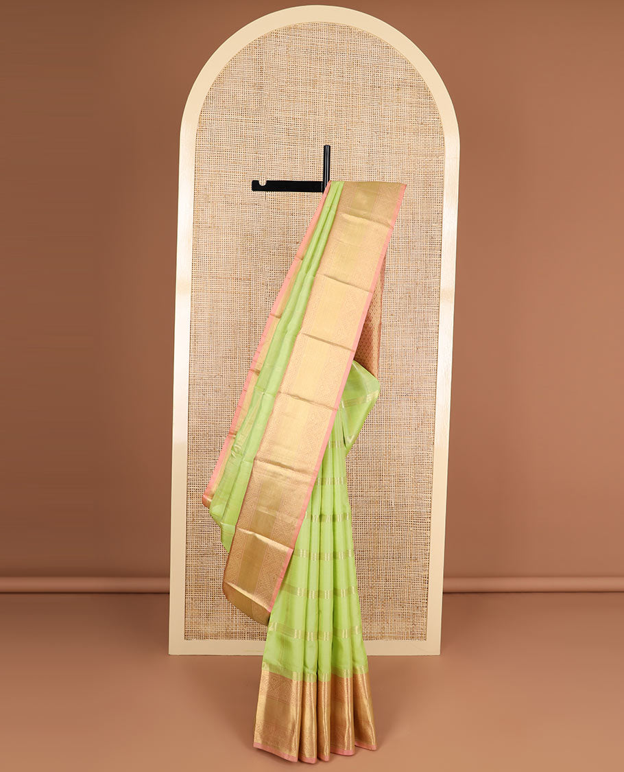 Mint green checked silk saree with contrast intricate zari design border & leaf jaal design pallu