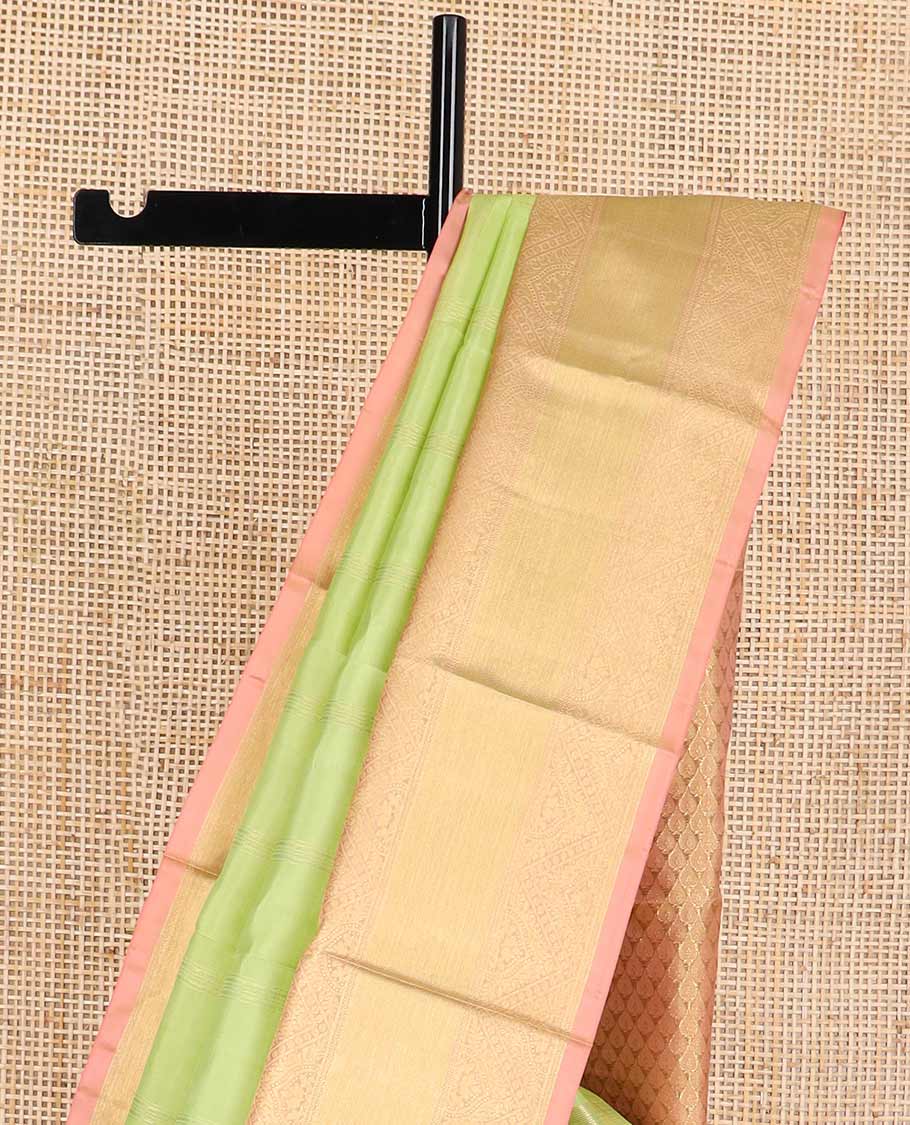 Mint green checked silk saree with contrast intricate zari design border & leaf jaal design pallu