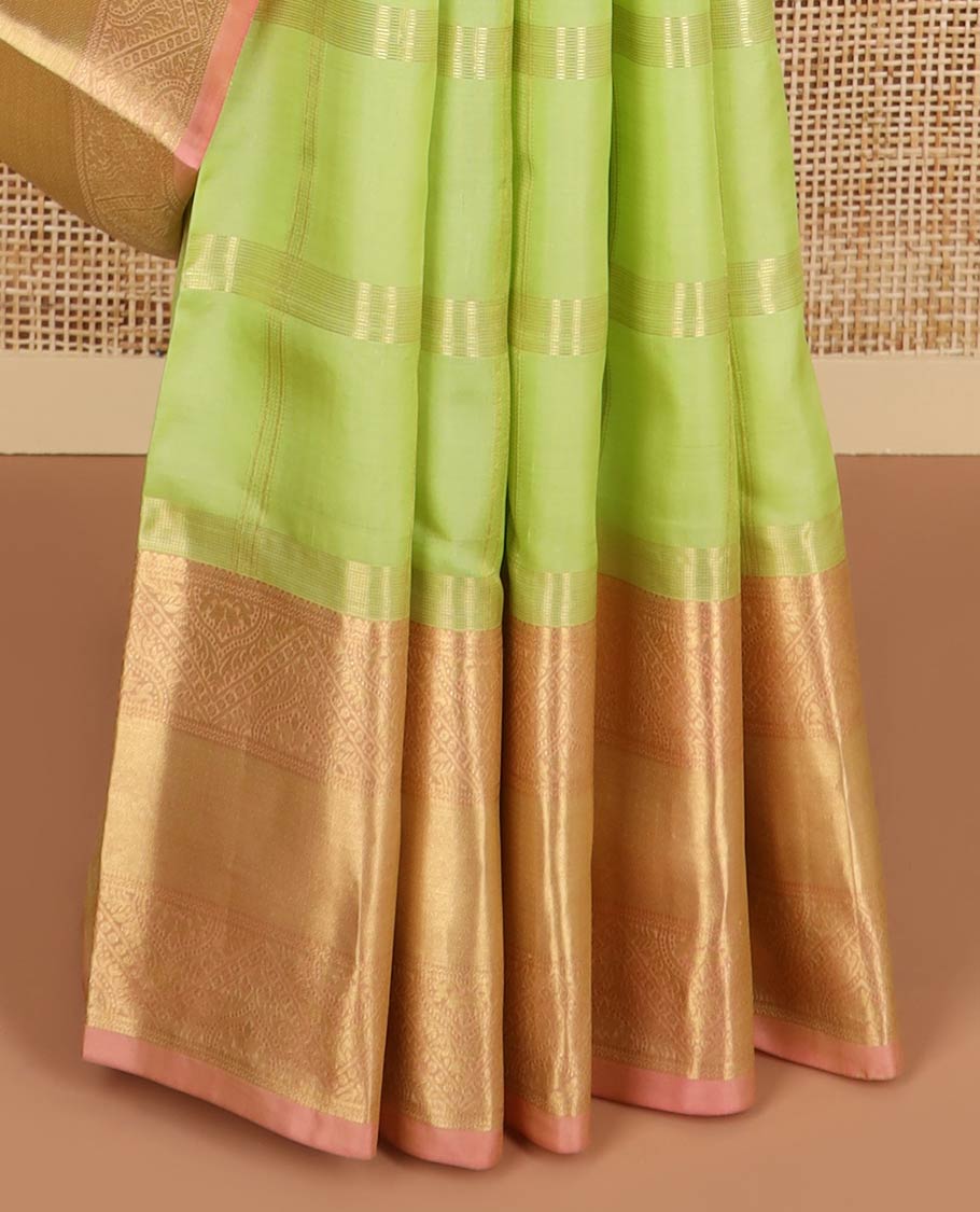 Mint green checked silk saree with contrast intricate zari design border & leaf jaal design pallu