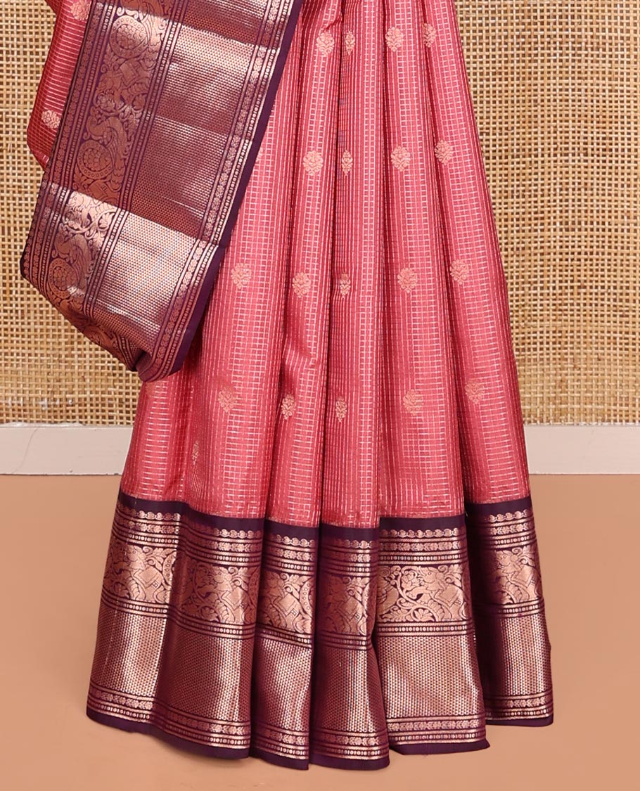 Pink Vasundhara Silk Saree, Enriched with Zari Buttas on Its Body, Complemented by Contrast Border of Manga, Floral, Yaanai, Mayil, and Ara Madaam Designs, Grand Jaal Pallu, and Paired with a Contrast Blouse