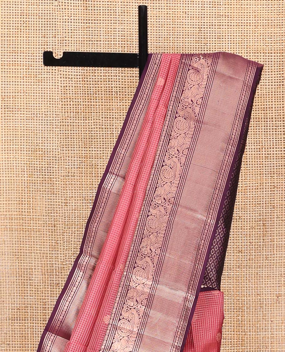 Pink Vasundhara Silk Saree, Enriched with Zari Buttas on Its Body, Complemented by Contrast Border of Manga, Floral, Yaanai, Mayil, and Ara Madaam Designs, Grand Jaal Pallu, and Paired with a Contrast Blouse