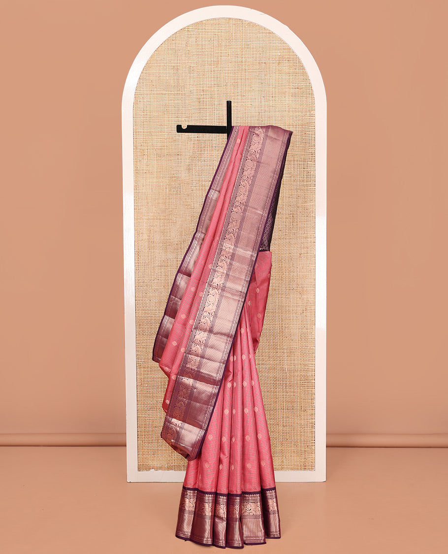 Pink Vasundhara Silk Saree, Enriched with Zari Buttas on Its Body, Complemented by Contrast Border of Manga, Floral, Yaanai, Mayil, and Ara Madaam Designs, Grand Jaal Pallu, and Paired with a Contrast Blouse