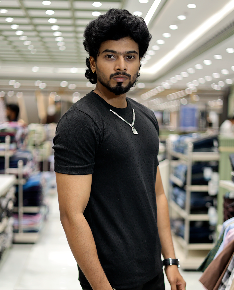 Black Chevron Cotton-Blended T-Shirt