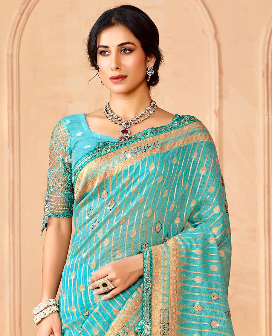 Blue zari striped and micro-stone work designer saree, embroidered scallop border, and pallu of intricate designs and stone work
