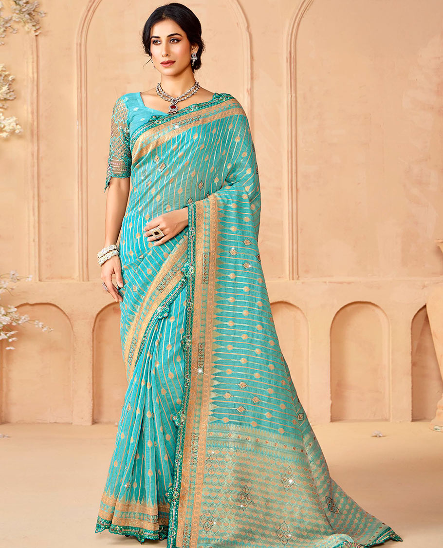 Blue zari striped and micro-stone work designer saree, embroidered scallop border, and pallu of intricate designs and stone work