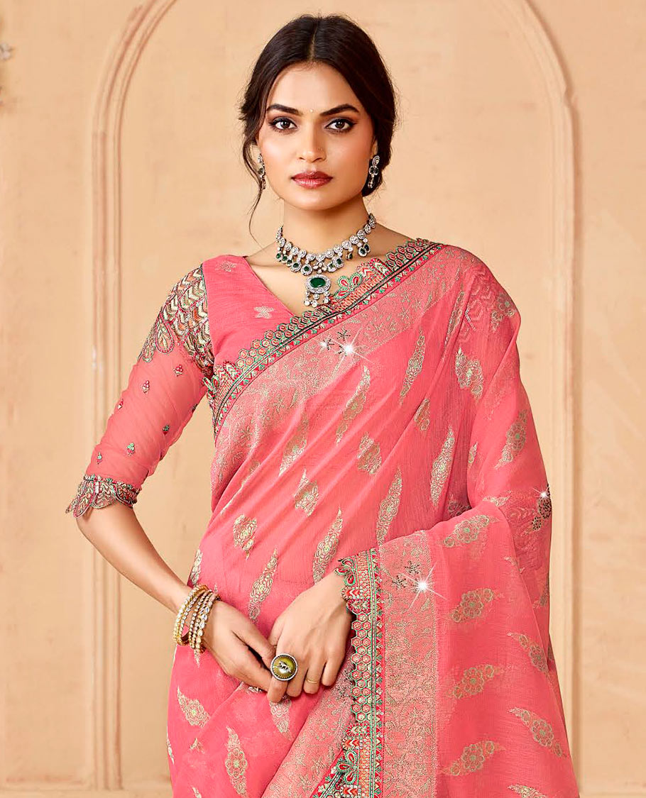 Pink buttas and micro-stone work designer saree, embroidered scallop border, and pallu of intricate designs and stone work