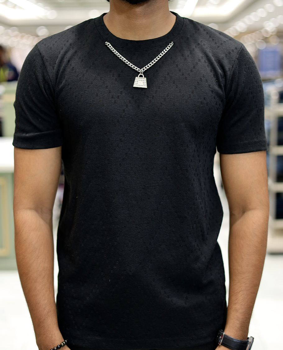 Black Chevron Cotton-Blended T-Shirt