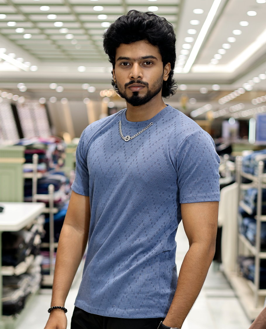 Blue Chevron Cotton-Blended T-Shirt