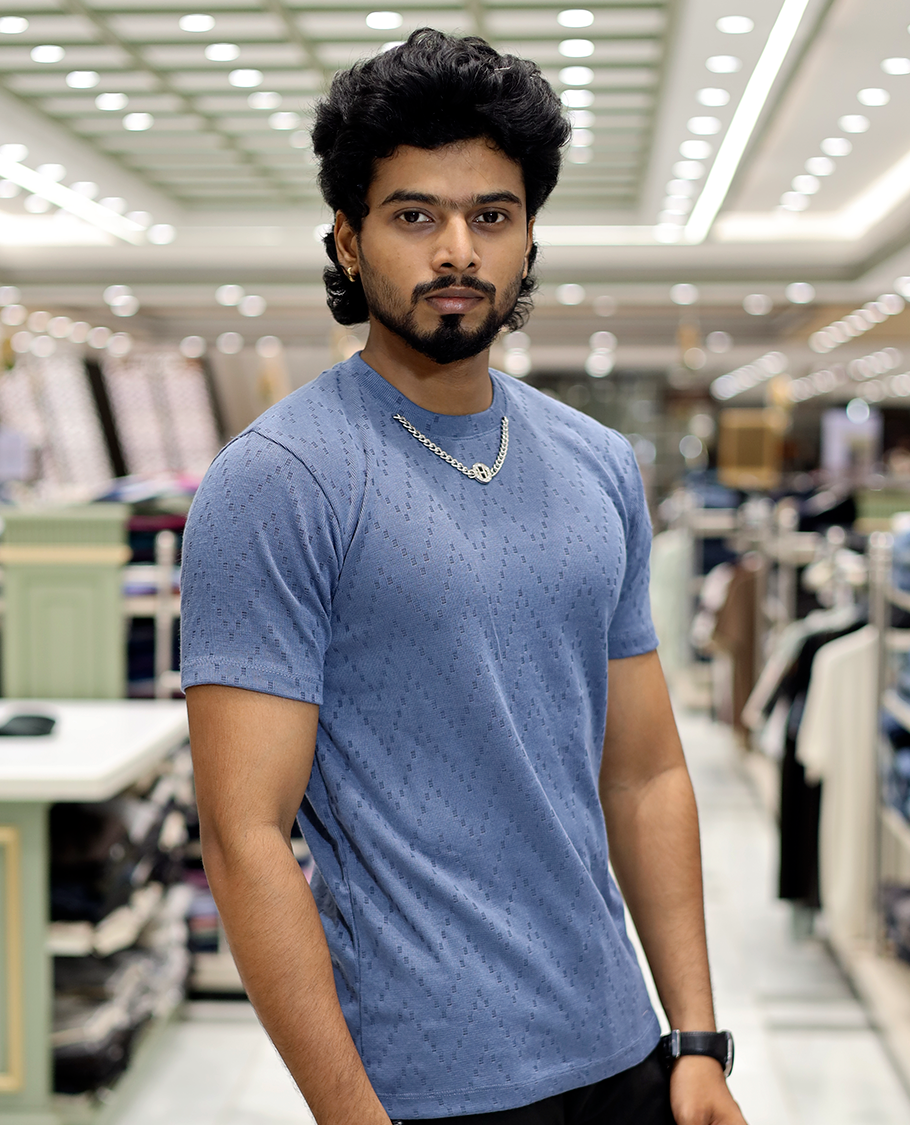 Blue Chevron Cotton-Blended T-Shirt