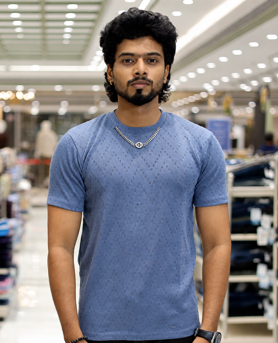 Blue Chevron Cotton-Blended T-Shirt