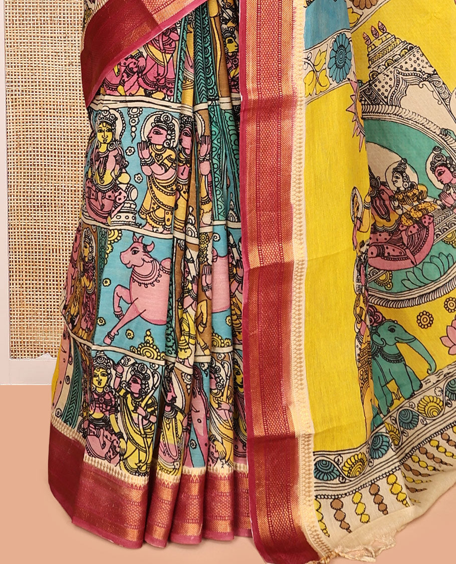 Multi-Color Kalamkari Silk Saree, Meticulously Crafted with Ancient Human Motifs Print, a Contrast Traditional Zari Border, Human Motifs Pallu, and a Contrast Blouse
