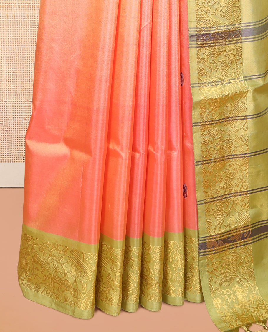Peach Banana Pith Saree, Woven with Buttas, a Contrast Floral-Animal Zari Border, Pallu of Stripes and Buttas, and a Contrast Blouse