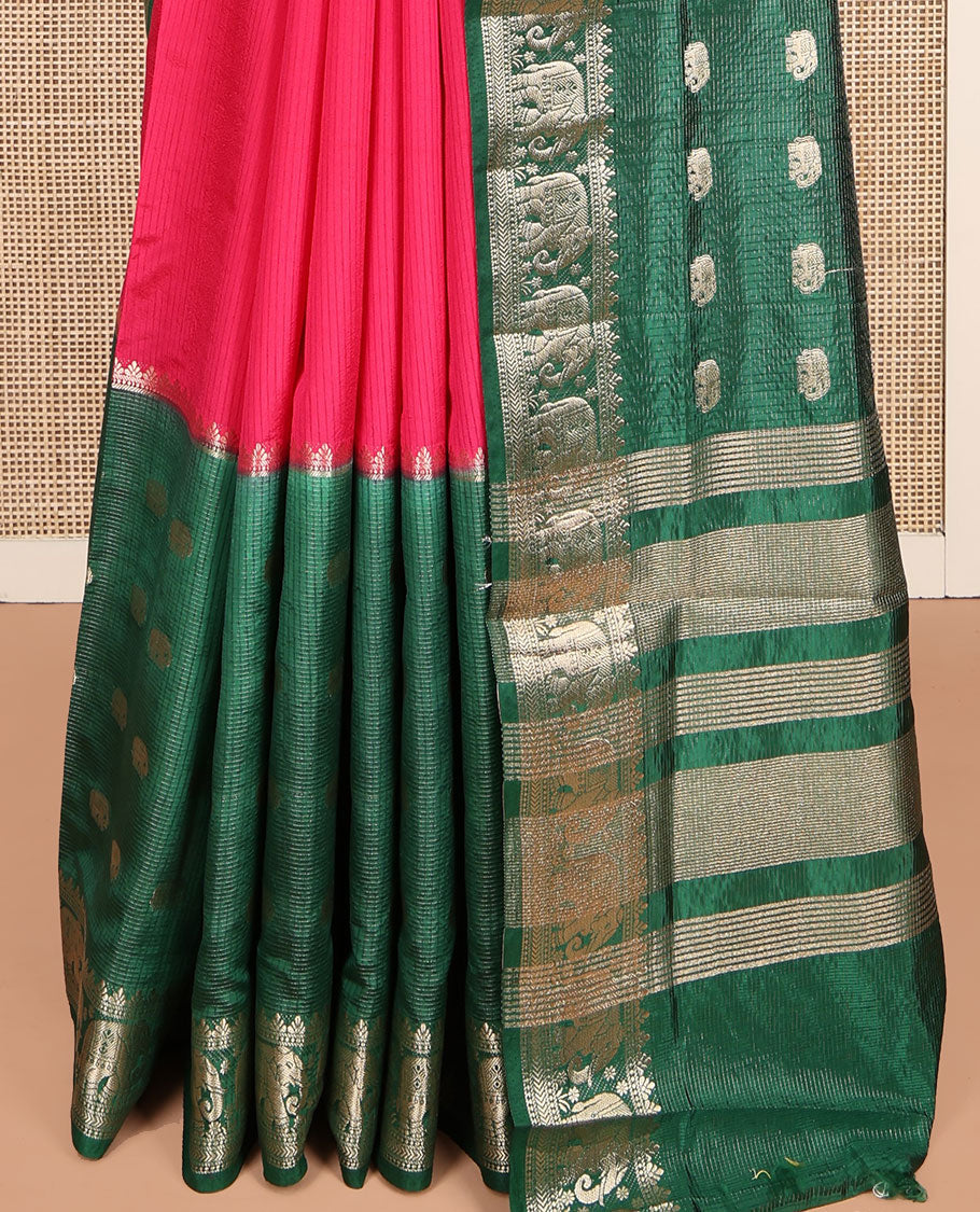 Green Dupion Silk Saree Features Half-And-Half and Zari Buttas, and Checks, Complemented by a Contrast Traditional Zari Border, Zari Striped Pallu, and a Contrast Blouse