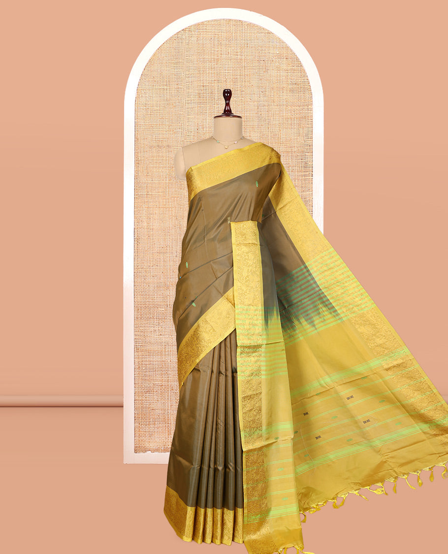 Green Banana Pith Saree, Crafted with Thread Buttas, a Contrast Traditional Zari Border, Pallu of Buttas, and a Contrast Blouse