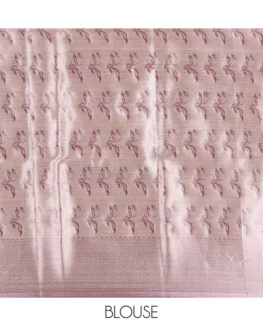 Lavender Tissue Silk Saree Adorned with Floral Vine Brocade in Rose Copper Zari, Featuring a Traditional Zari Design Border, Pallu Steeped with Floral Motifs, and Paired with a Matching Floral Brocade Blouse