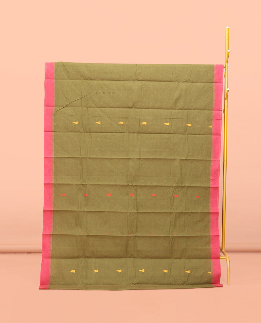 Green Kanchi Cotton Saree, Enriched with Temple Buttas All Over Its Body, Complemented by Contrast Border, Floral Design Pallu, and Paired with a Matching Blouse