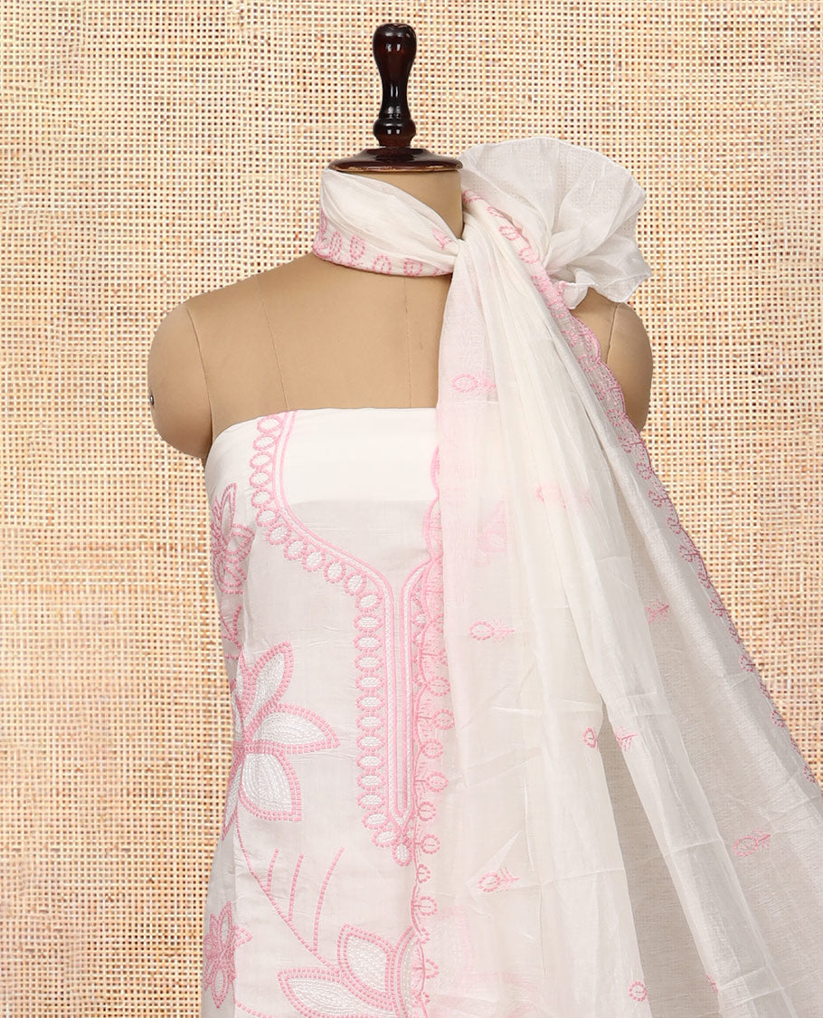 Cream Mul Chanderi Material Churidar, Floral Embroidery Top, a Plain Santoon Bottom, a Embroidered Dupatta