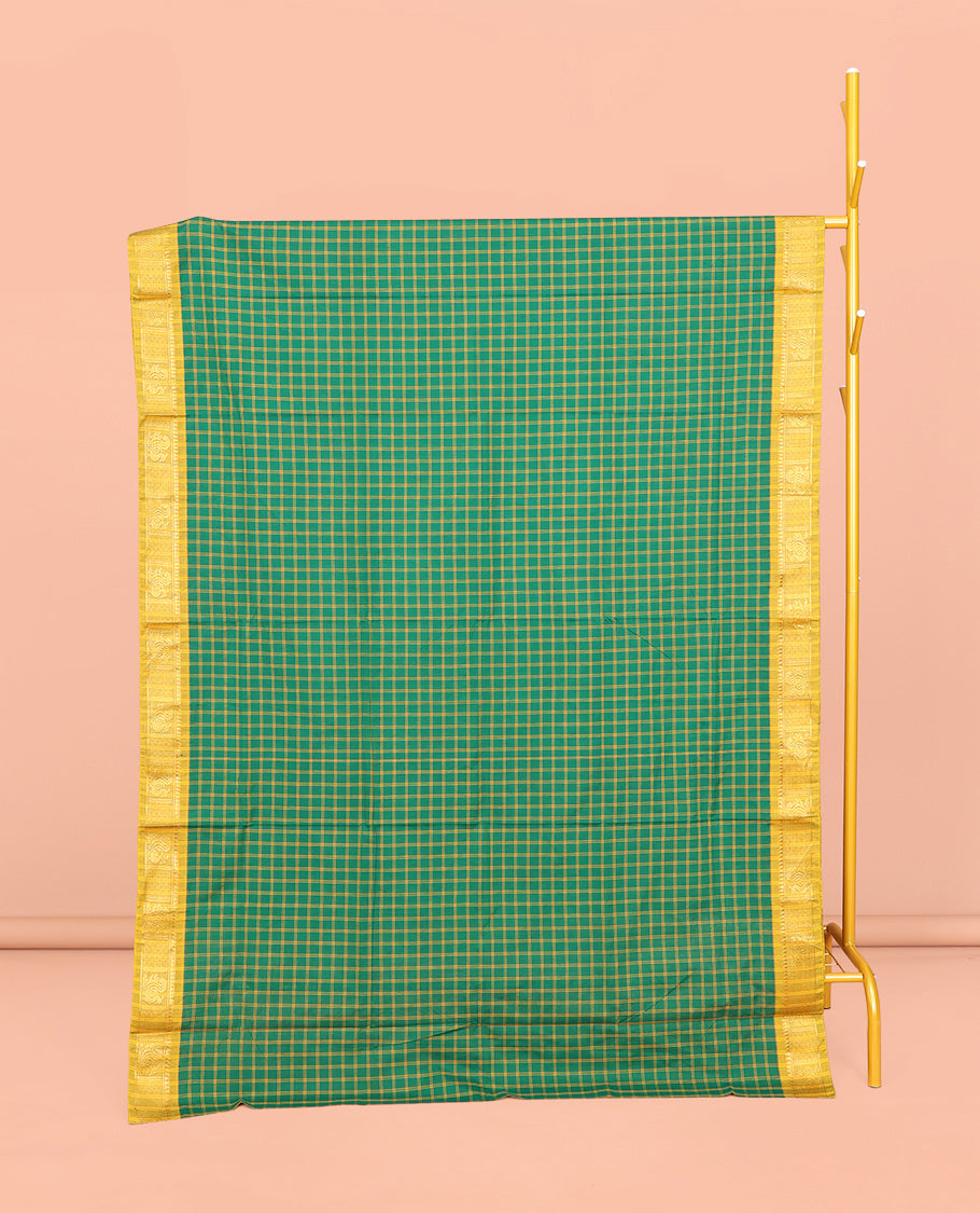 Green Chettinad Cotton Saree, Graced with Checks, Complemented by Contrast Peacock Motifs Zari Border, Pallu of Stripes, and No Blouse