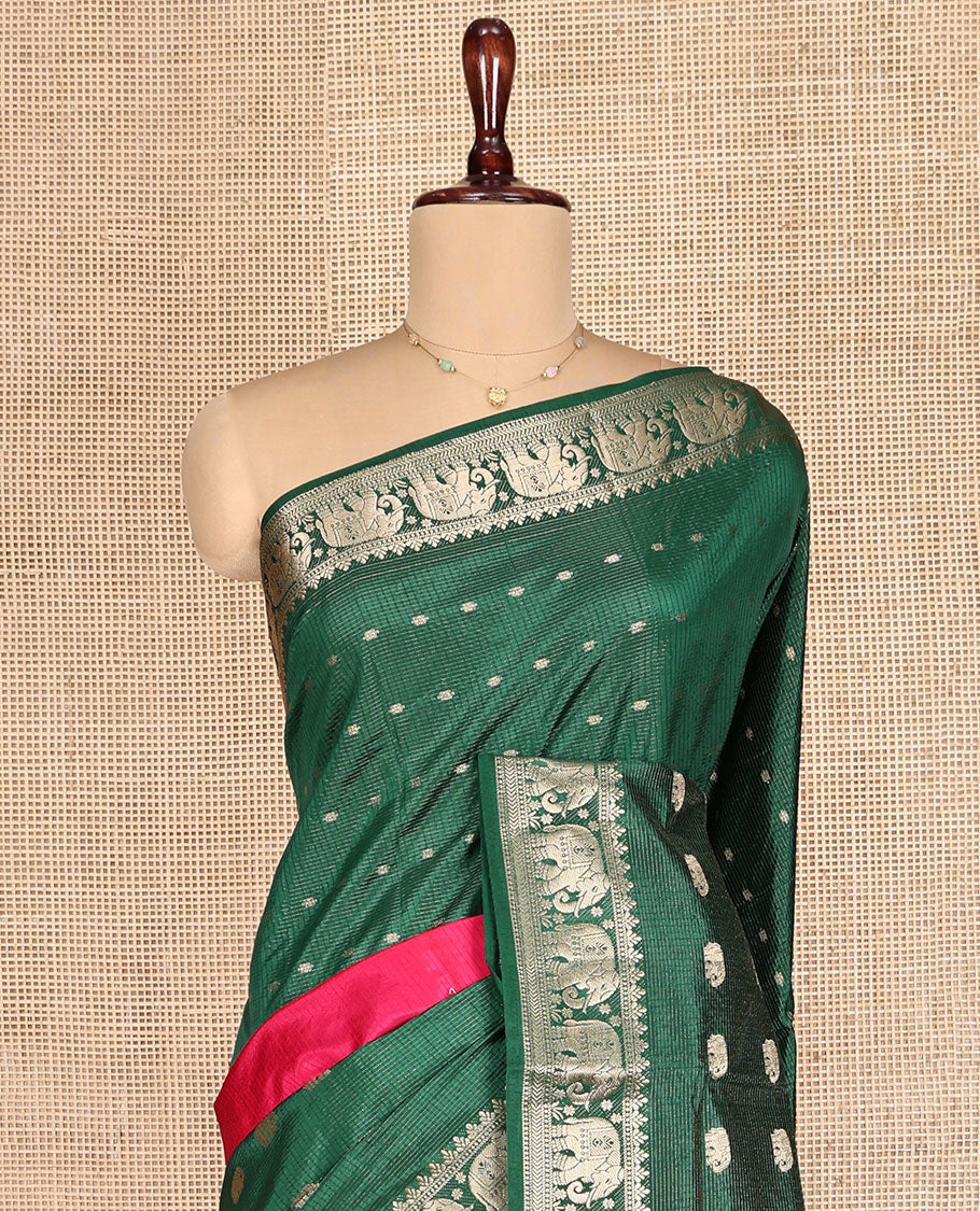 Green Dupion Silk Saree Features Half-And-Half and Zari Buttas, and Checks, Complemented by a Contrast Traditional Zari Border, Zari Striped Pallu, and a Contrast Blouse