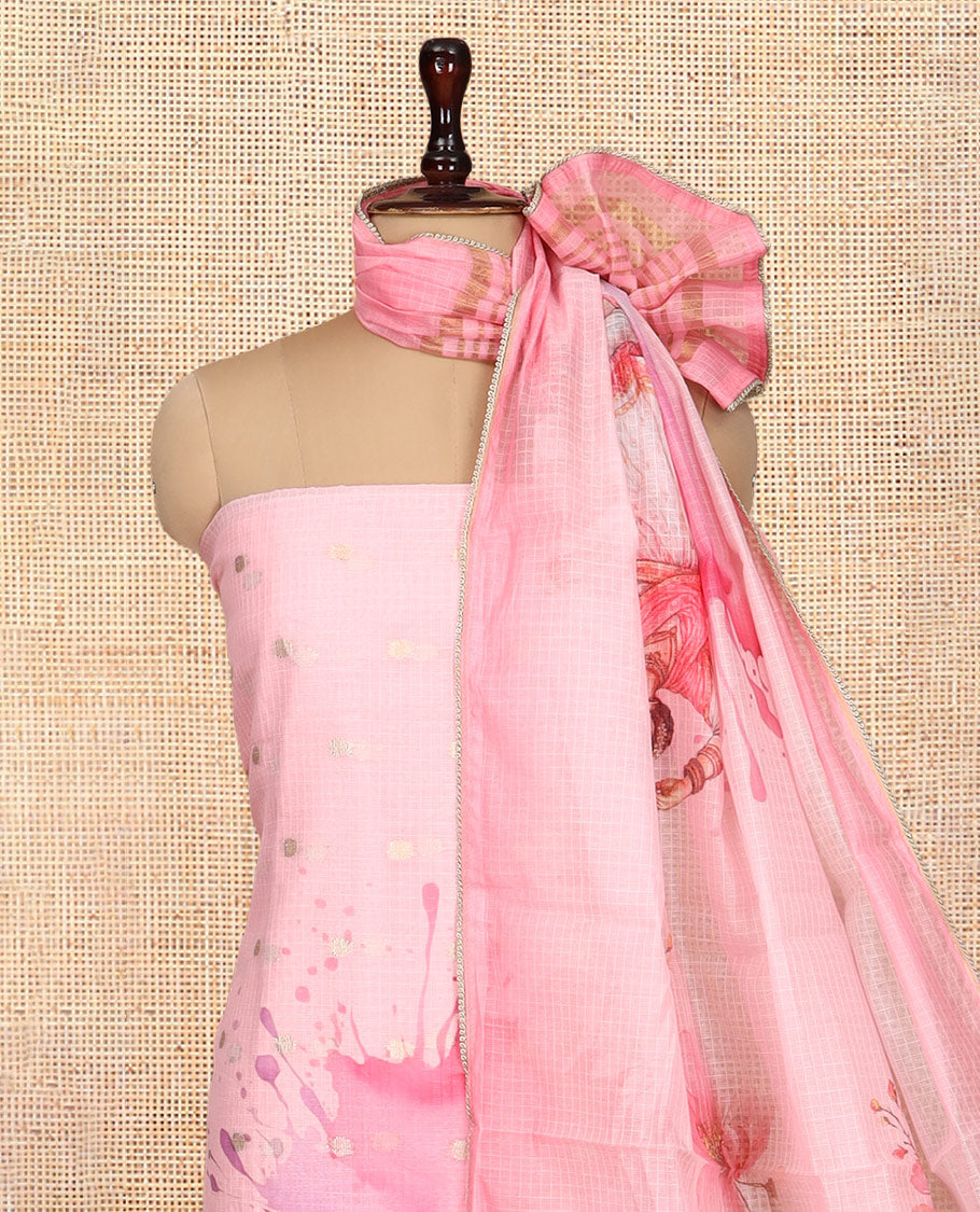 Pink Rose Net Kota Material Churidar Features Dancing Girl Motif Printed Top, a Plain Bottom, a Dancing Girl Motif Printed Dupatta