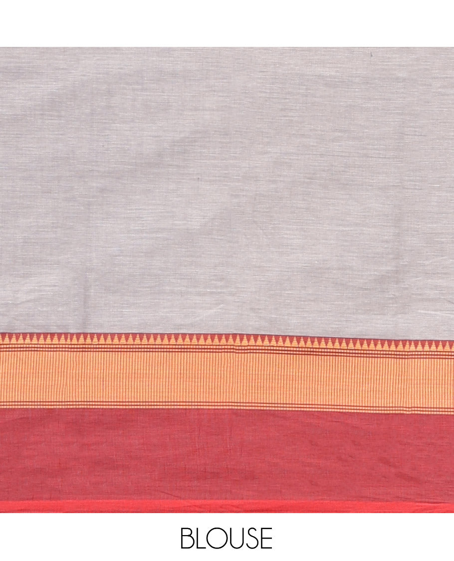 Grey Plain Chettinad Cotton Saree, Complemented by Contrast Temple Traditional Thread Border, Striped Pallu, and a Matching Blouse