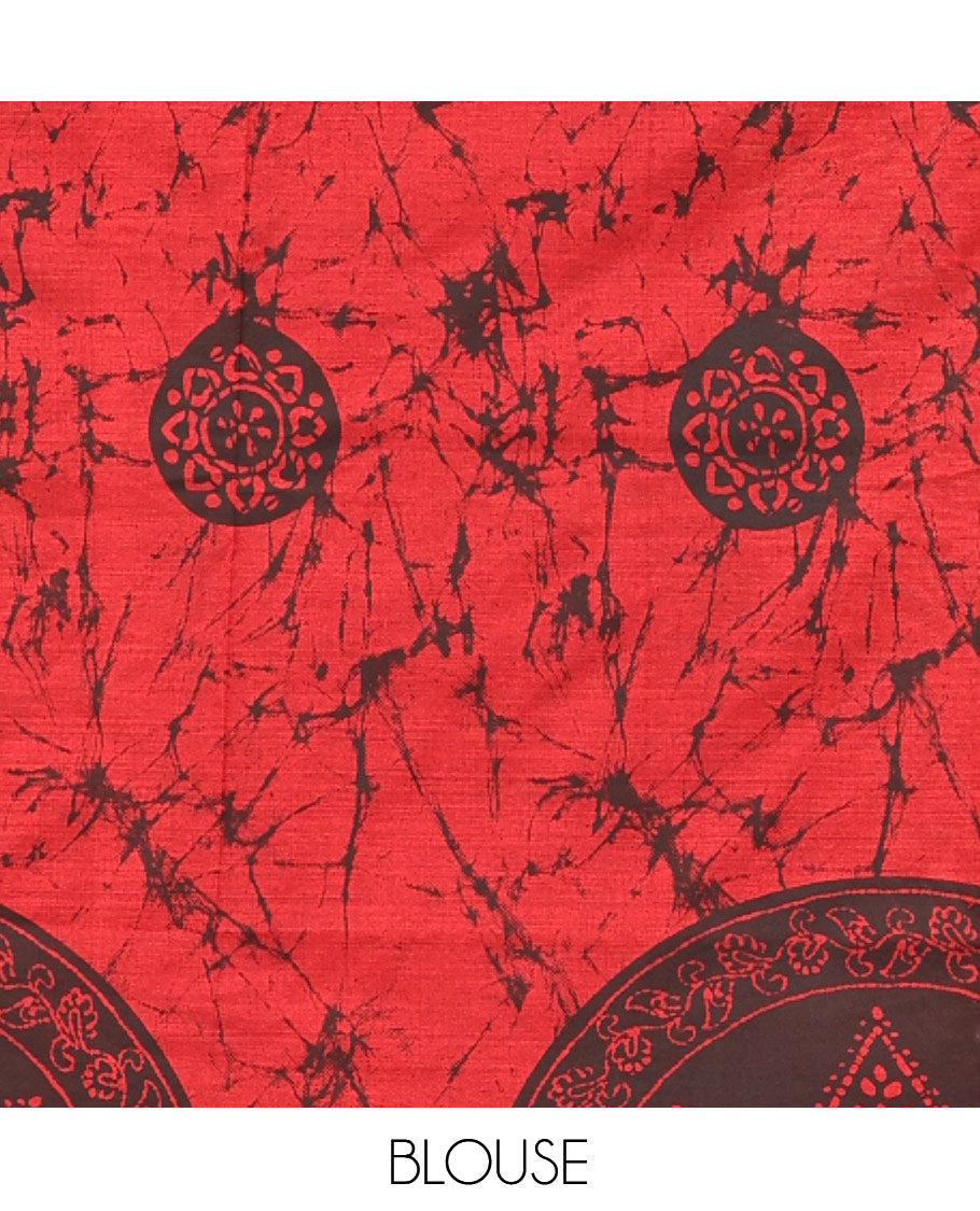 Borderless Red-Black Poly Cotton Saree, Decked Up with Batik Print, a Self-Printed Pallu, and a Matching Blouse