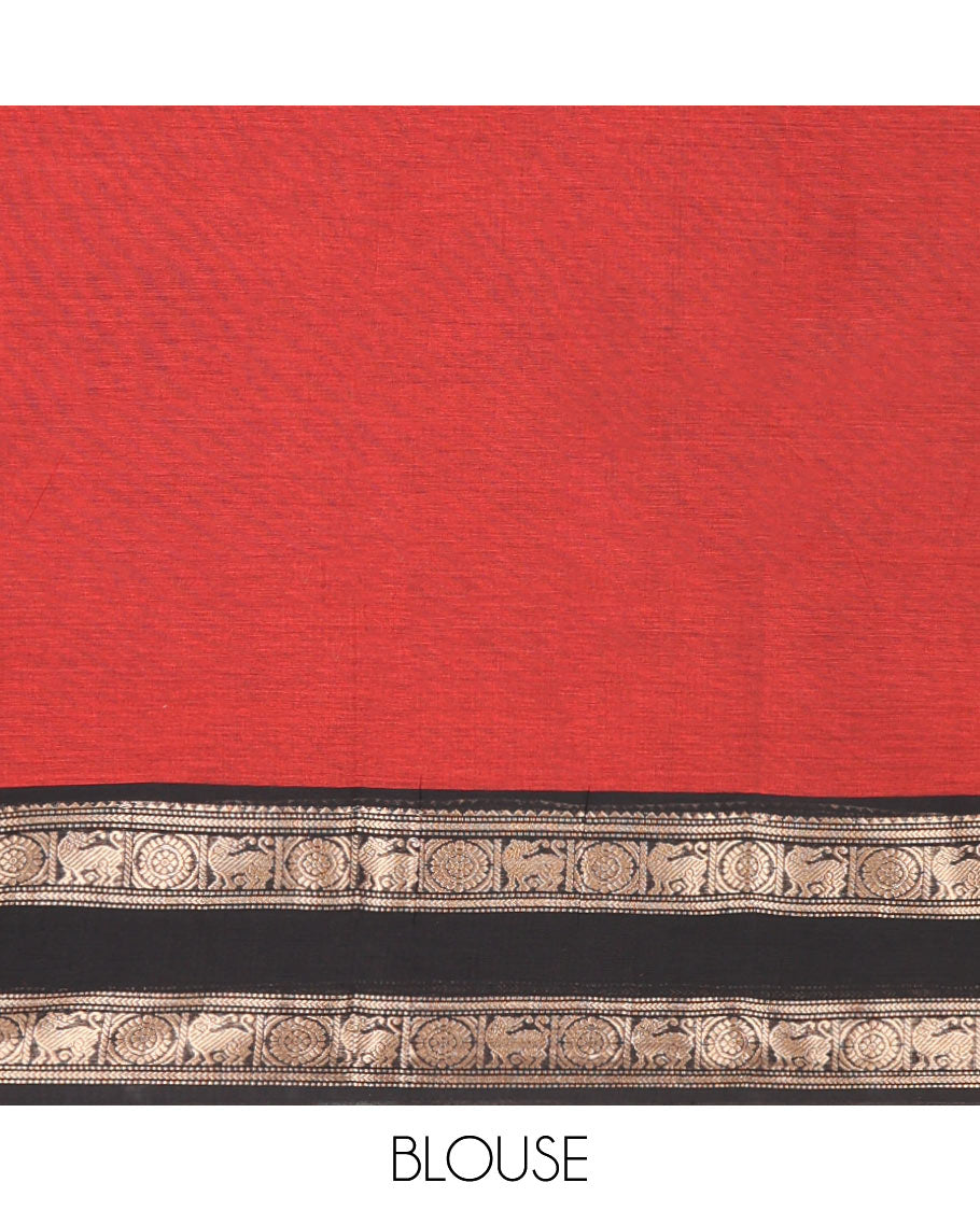 Brick Red Plain Chettinad Cotton Saree, Complemented by a Contrast Yaali-Chakram Zari Border, Striped Pallu, and a Matching Blouse