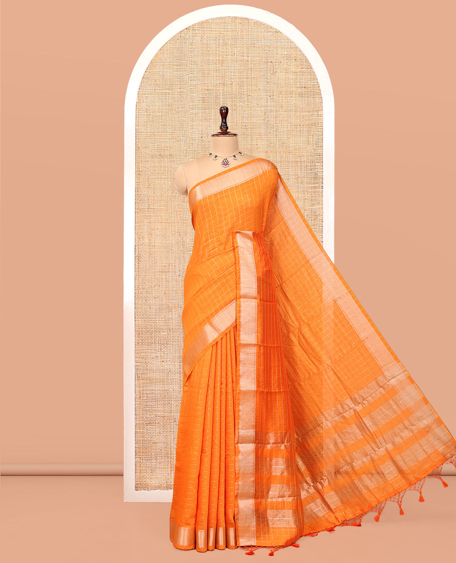 Orange Assam Silk Saree, Subtly Enriched with Zari Checks, Highlighted by a Traditional Zari Border, Striped Pallu, and a Matching Blouse