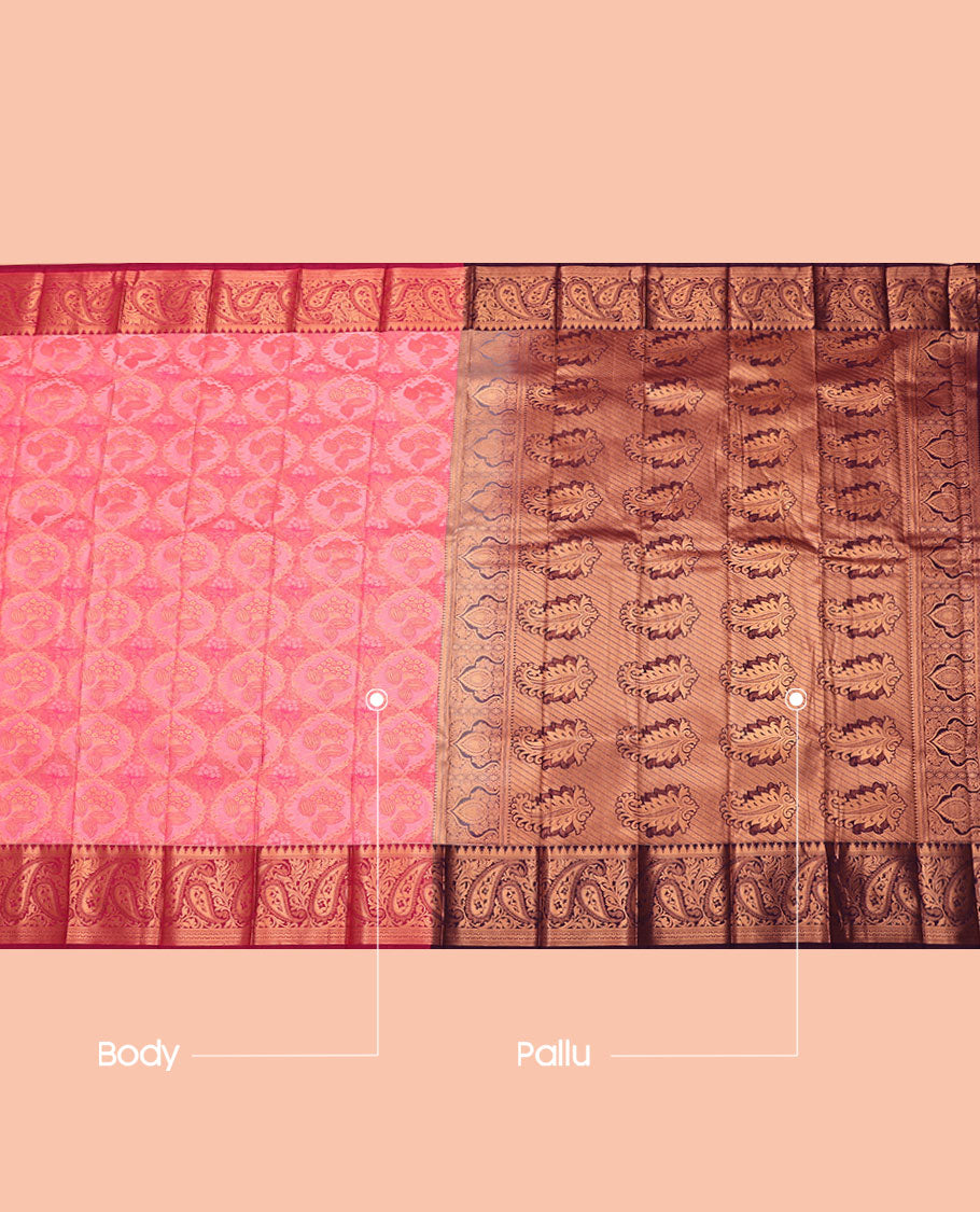 Pink Budget Silk Saree, Embellished with Jacquard, Complemented by Contrast Paisley Zari Border, Intricate Pallu, and a Contrast Blouse