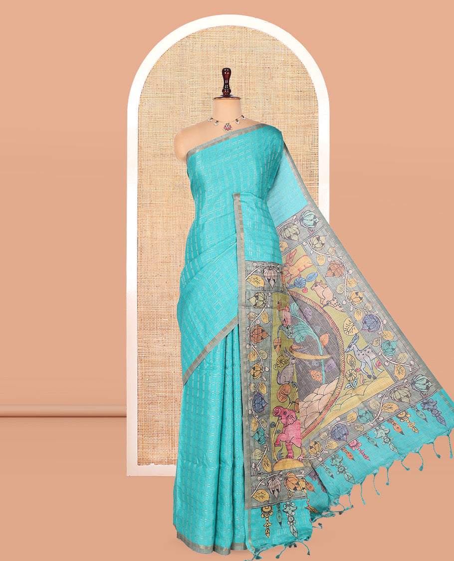 Blue Fancy Tussar Silk Saree, Accentuated with Checked Design, Contrast Zari Piping Border, Kalamkari Pallu, and Contrast Kalamkari Printed Blouse