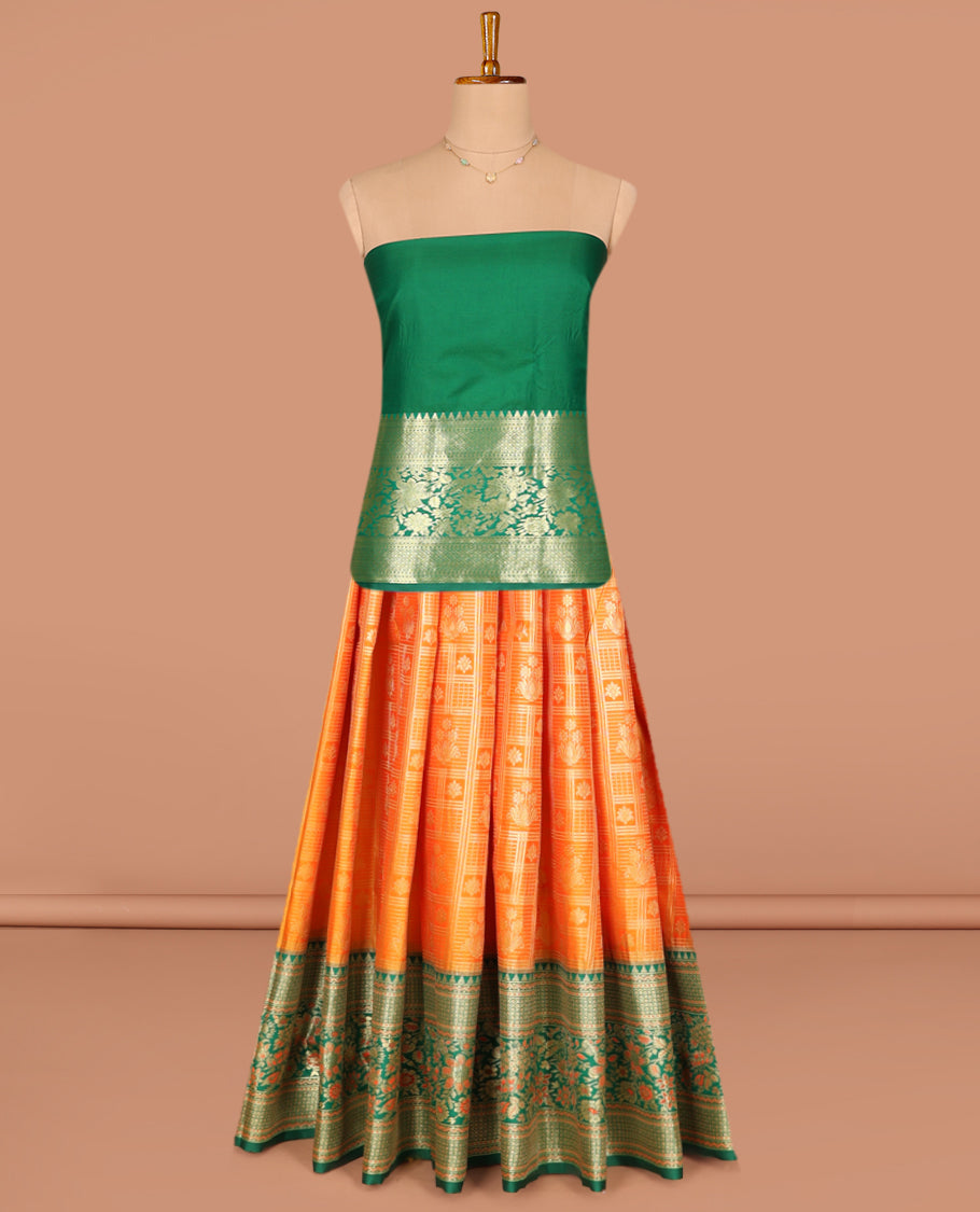 Orange Art Silk Pavadai Material Set, Gracefully Embellished with Jacquard Designs on Its Skirt, Complemented by a Contrast Floral Zari Design, Delicately Woven Border, and Paired with a Contrast Blouse