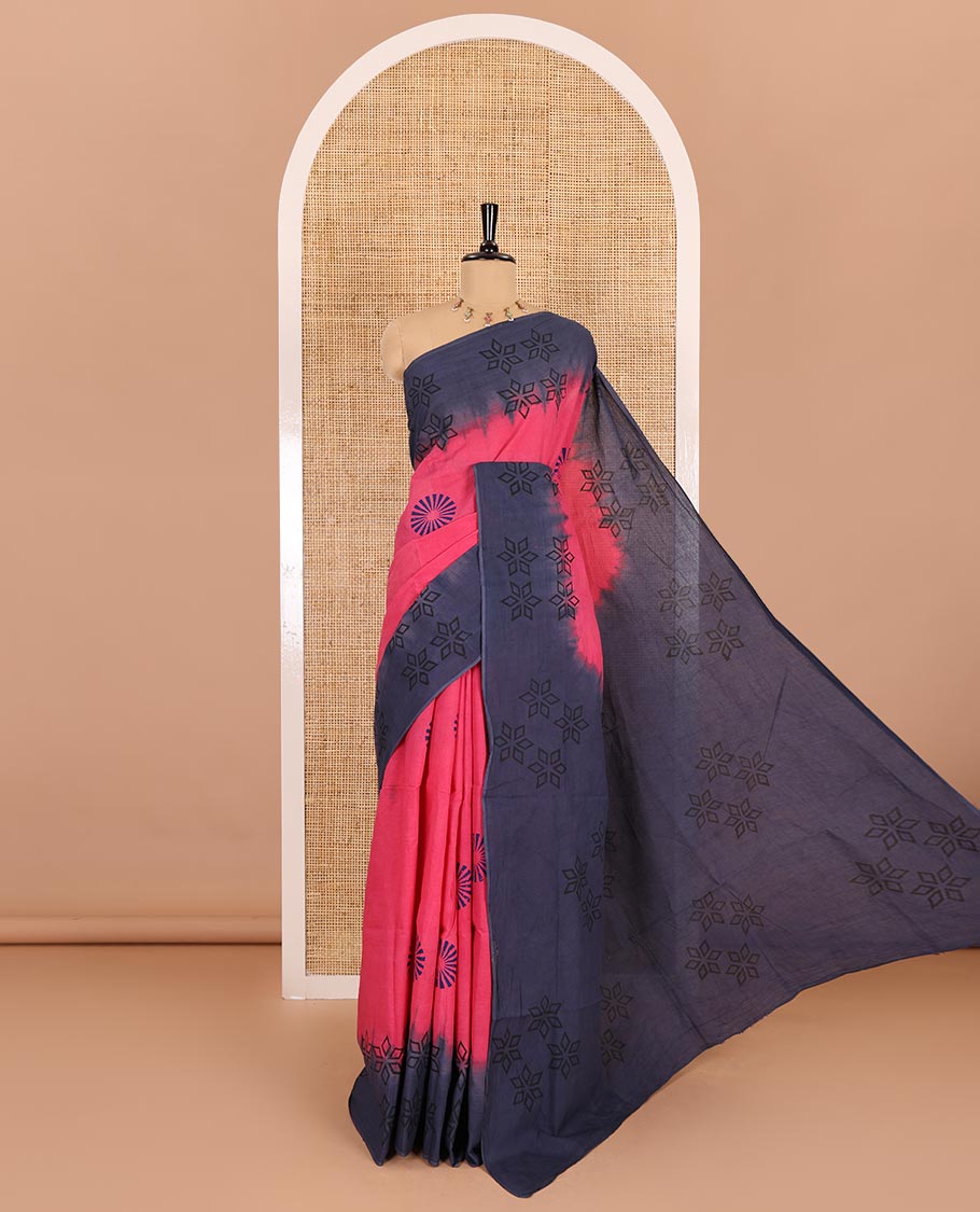 Pink sunbrust motifs block printed mul cotton saree, contrast floral motifs block printed border, block printed pallu, and contrast plain blouse