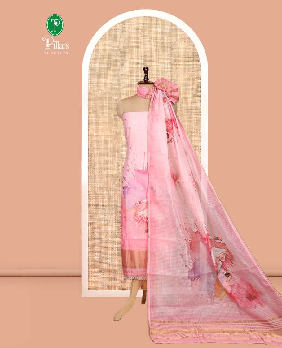 Pink Rose Net Kota Material Churidar Features Dancing Girl Motif Printed Top, a Plain Bottom, a Dancing Girl Motif Printed Dupatta