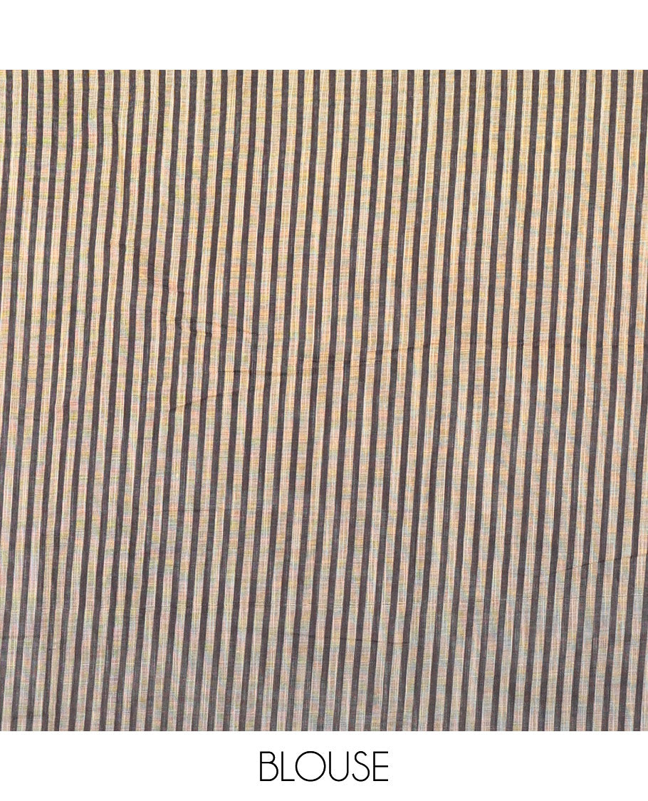 Borderless Yellow Linen Cotton Saree Decked up with Nature-Theme Print Featuring the Sun, Trees, and Birds All Over the Saree, Paired with a Striped Blouse