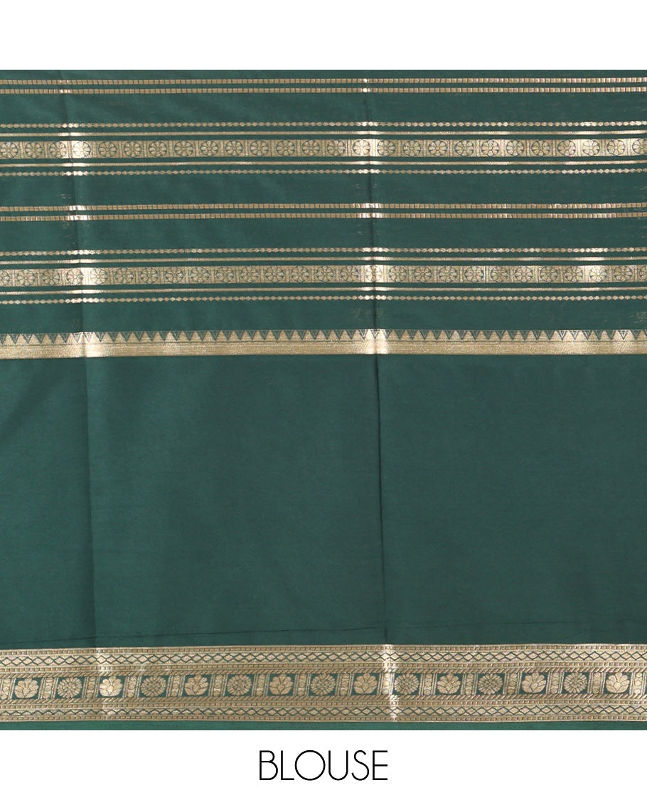 Green Zari Striped Art Mysore Crepe Saree, a Contrast Traditional Zari Big Border, a Grand Pallu, and a Contrast Blouse