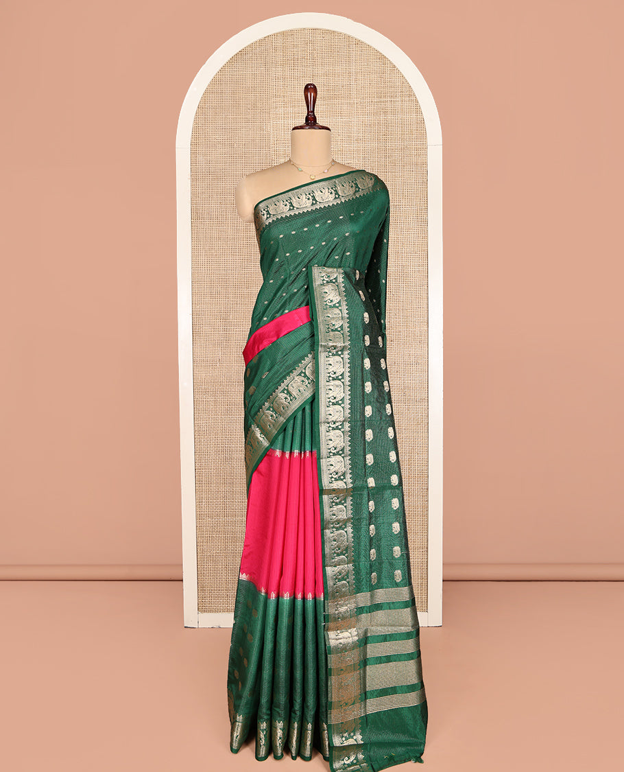 Green Dupion Silk Saree Features Half-And-Half and Zari Buttas, and Checks, Complemented by a Contrast Traditional Zari Border, Zari Striped Pallu, and a Contrast Blouse