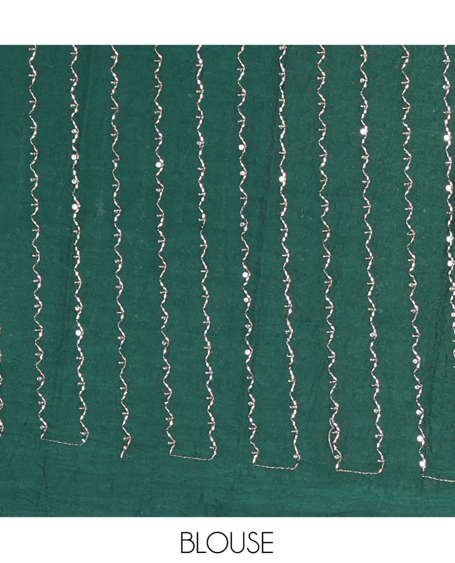 Borderless White-Green Rangoli Chiffon Saree, Gleamed Up with Foil-Printed Leheriya Stripes, a Contrast Sequins Blouse