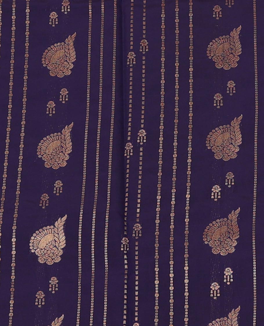 Navy Blue Art Silk Pavadai Material Set, Bedecked with Zari Buttas Skirt, Complemented by a Contrast Traditional Zari Design Border, and Paired with a Contrast Blouse