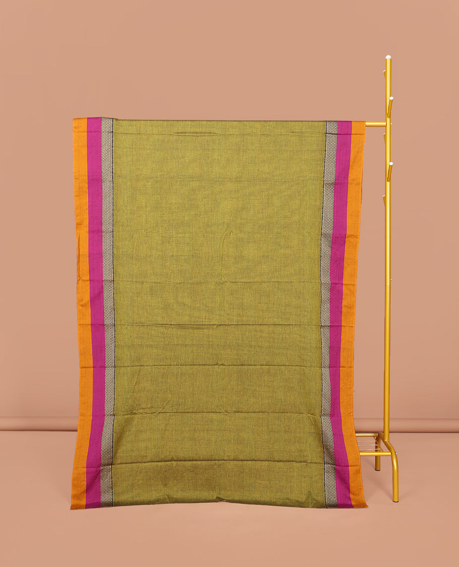 Green Plain Narayanpet Cotton Saree, Complemented by a Contrast Temple Traditional Design Border, Striped Pallu, and Comes Without a Blouse