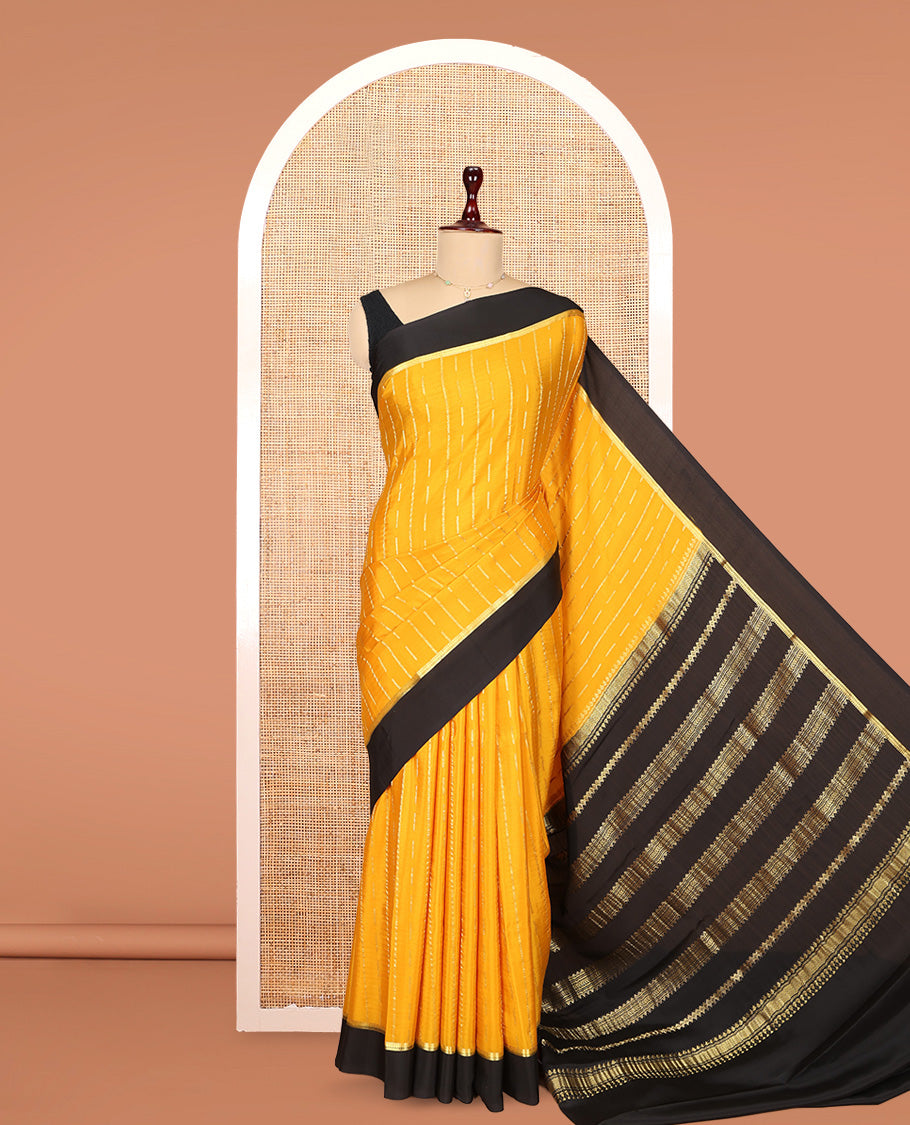 Yellow Mysore Silk Saree, Gracefully Embellished with Zari Stripes, Complemented by a Contrast Zari Border, Traditional Design Pallu, and a Contrast Blouse